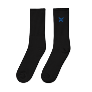 Black crew socks with blue M logo