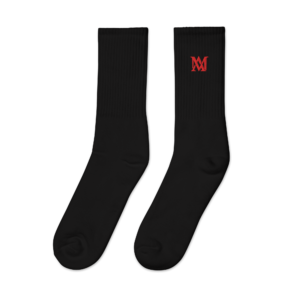 Pair of black socks with red M logo