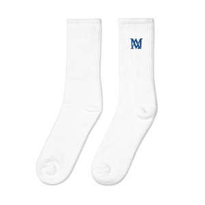 Pair of white socks with blue M logo