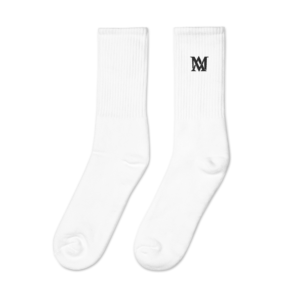 White crew socks with black logo