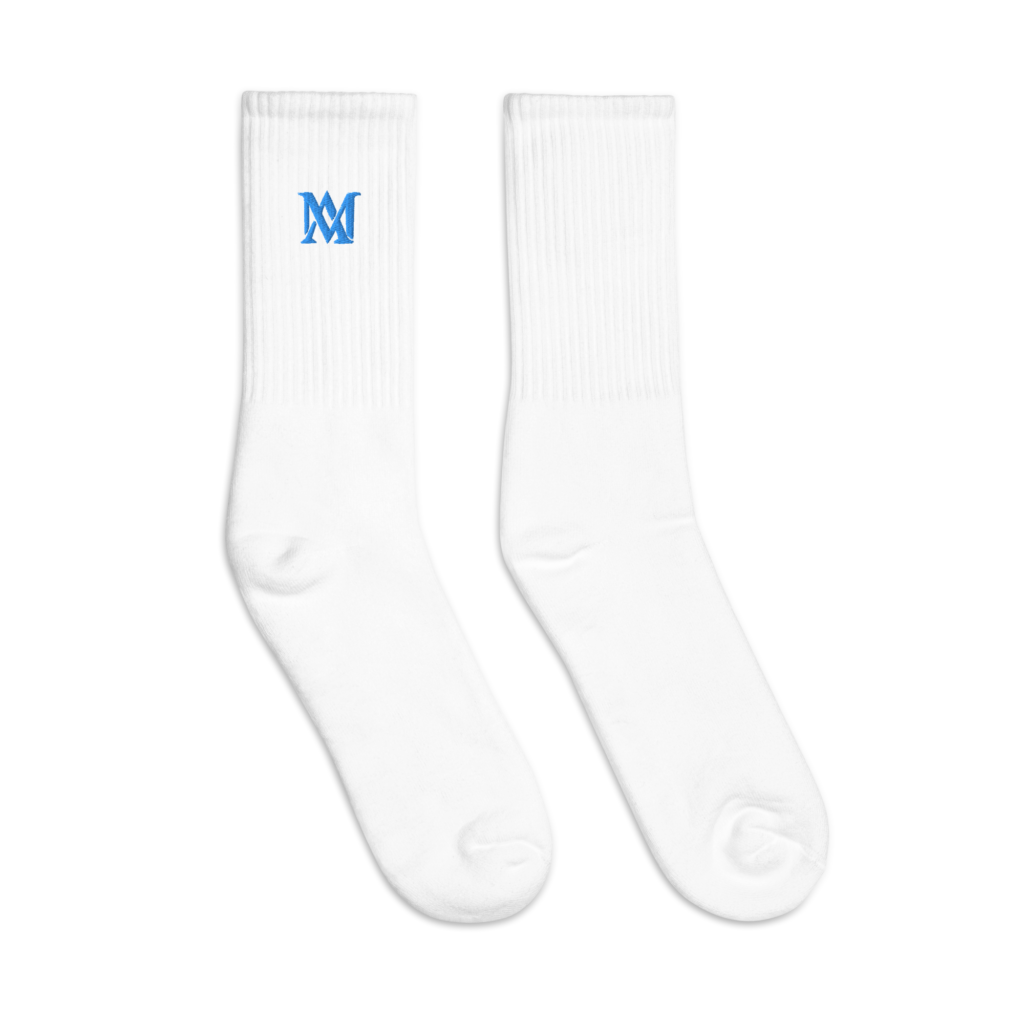 Pair of white crew socks with blue logo