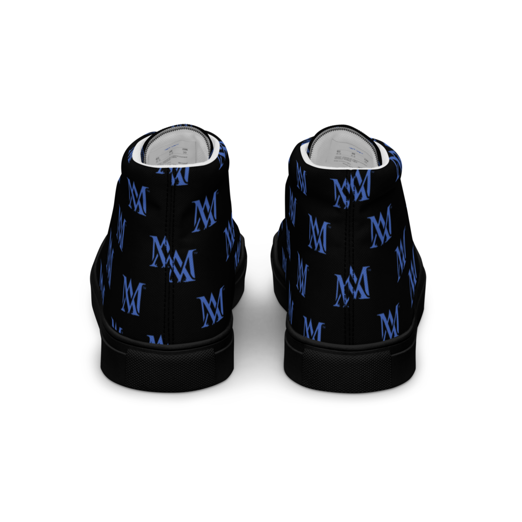 Black high top sneakers with blue monogram pattern