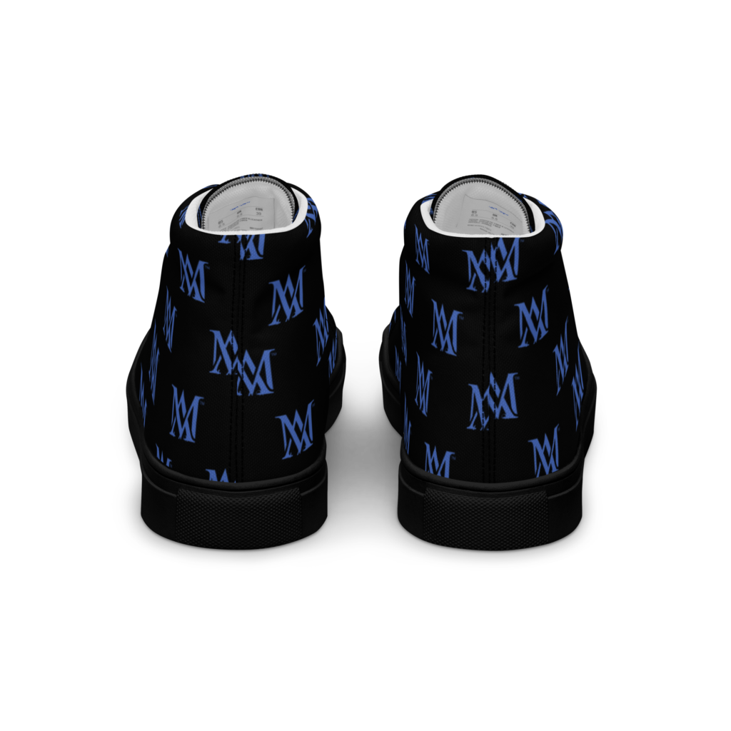 Back view black sneakers with blue M monogram