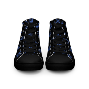 Pair of black high-top sneakers with blue monogram