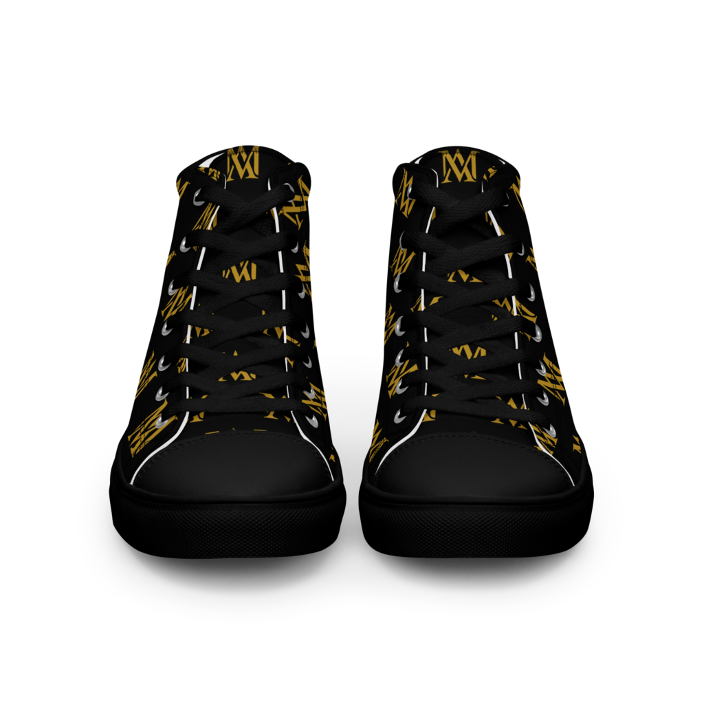 Black high-top sneakers with gold monogram