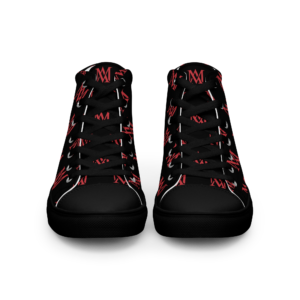 Pair of black high-top sneakers with red pattern