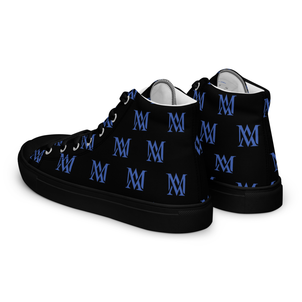 Black high-top sneakers with blue monogram