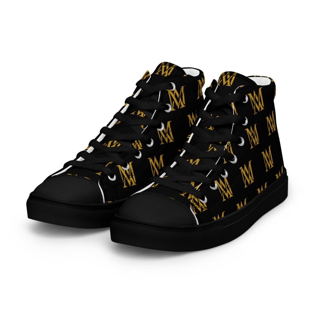 Black high-top sneakers with gold M pattern