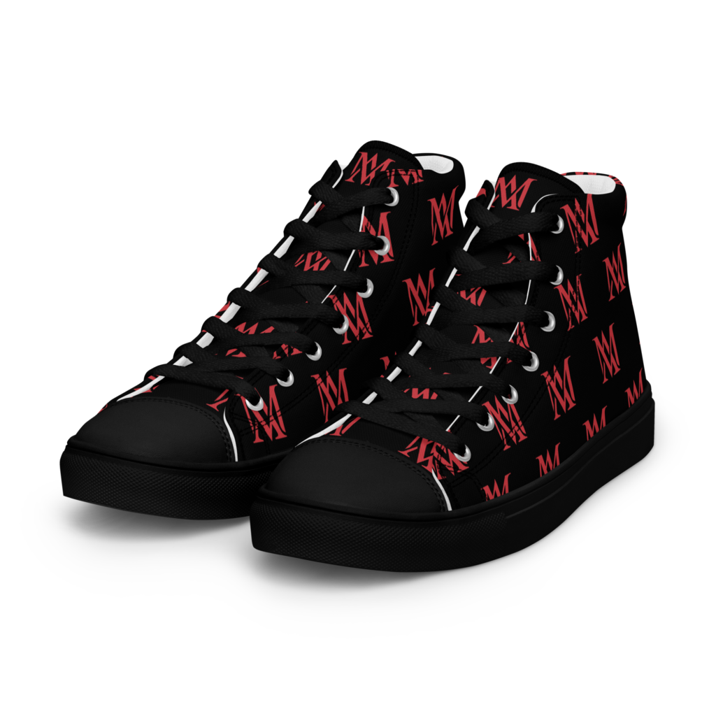 Black high top sneakers with red M pattern