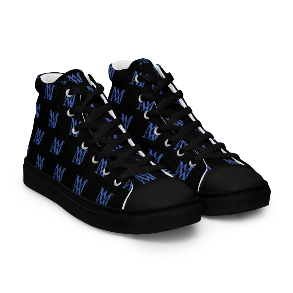Black high-top sneakers with blue M pattern