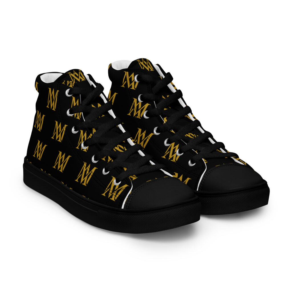 Black high-top sneakers with gold MM pattern
