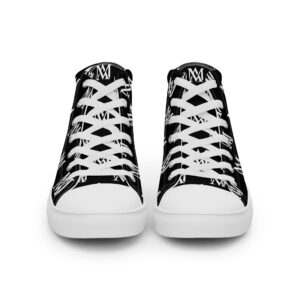 Pair of black high-top sneakers with white laces