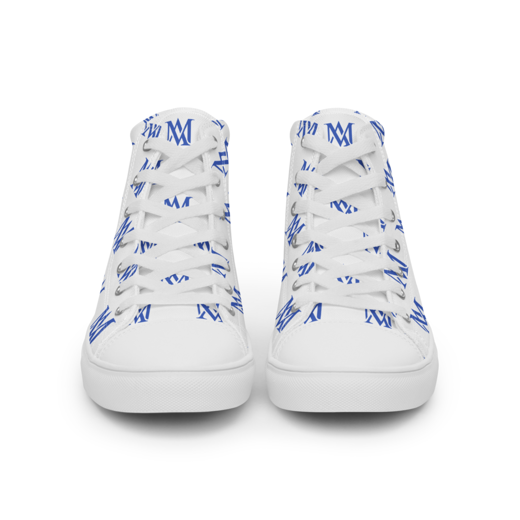 White high-top sneakers with blue M pattern