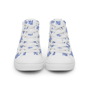 White high-top sneakers with blue M pattern