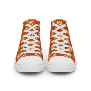 Orange patterned high-top sneakers with white laces