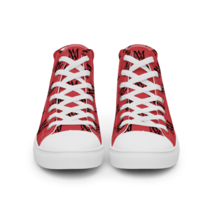Red high-top sneakers with white laces