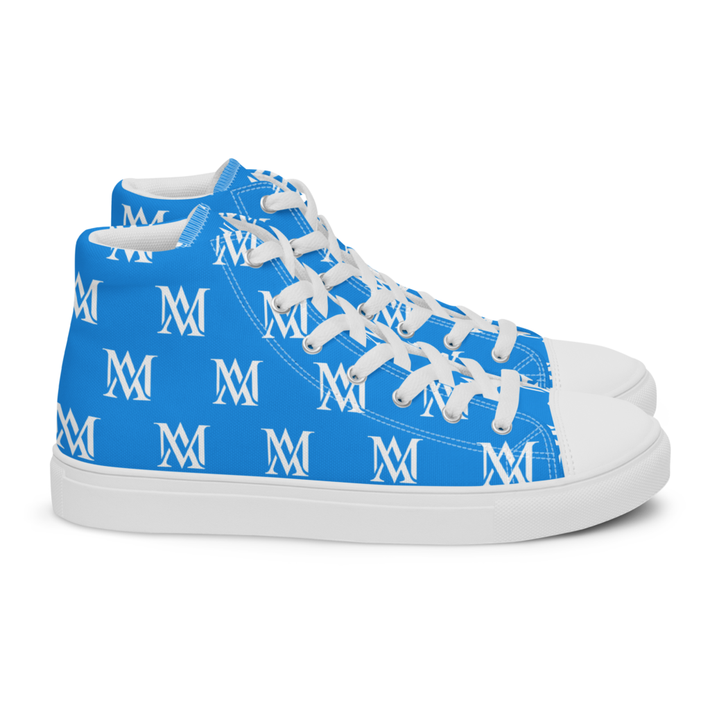 Blue high-top sneakers with white monogram pattern