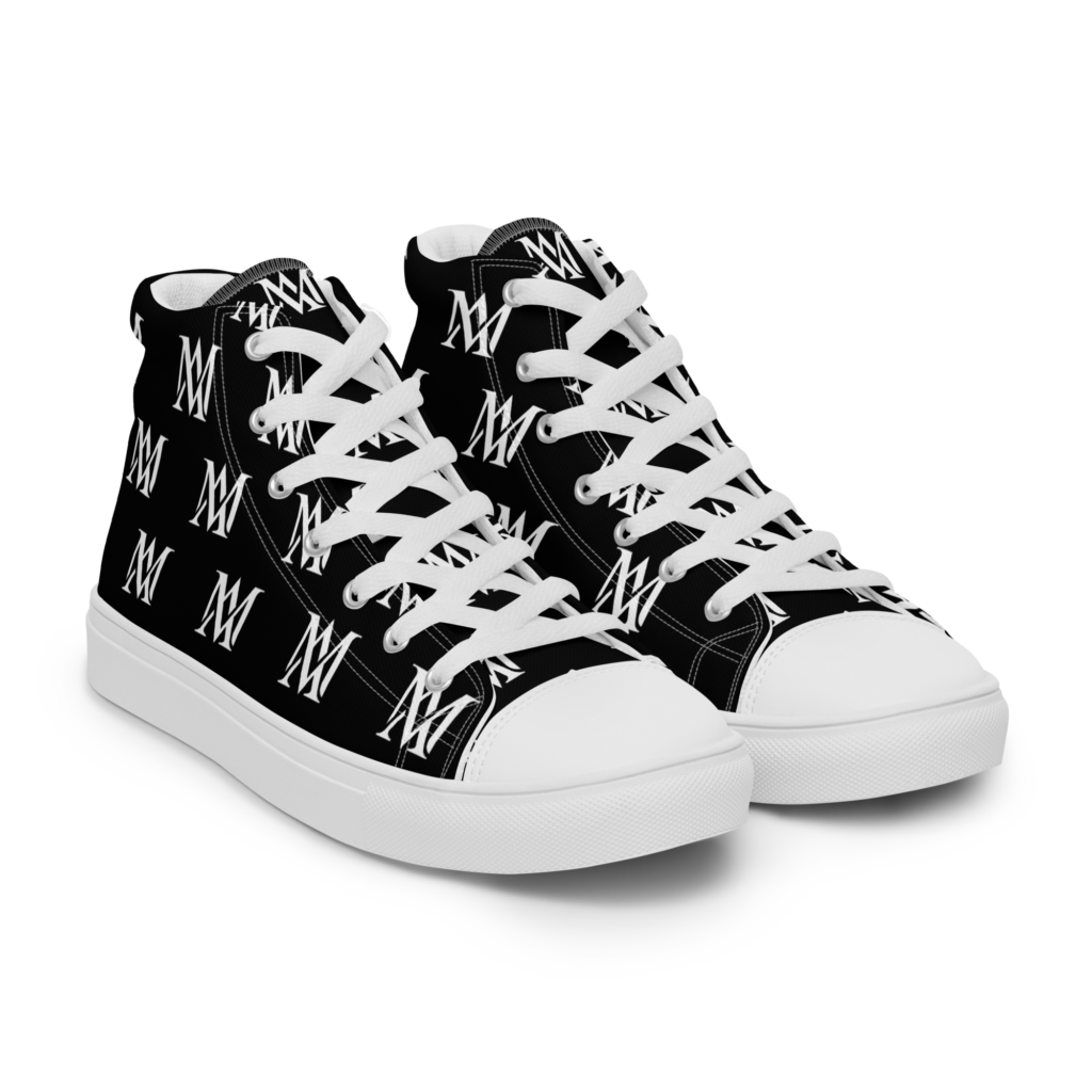 Black high-top sneakers with white M pattern