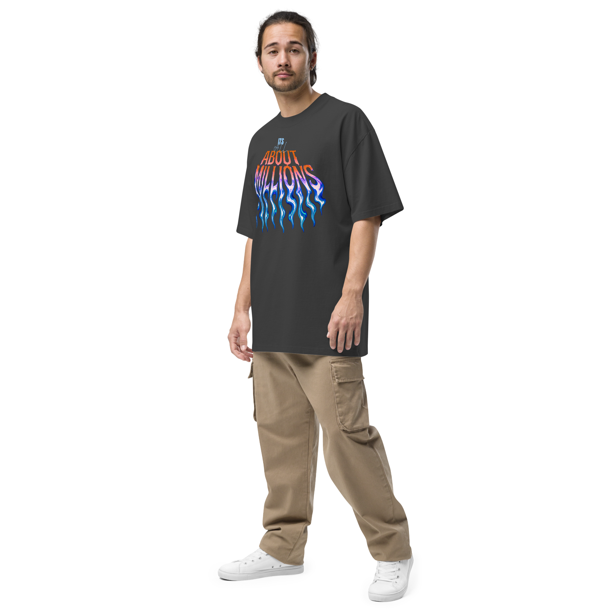 Man wearing black graphic t-shirt and cargo pants