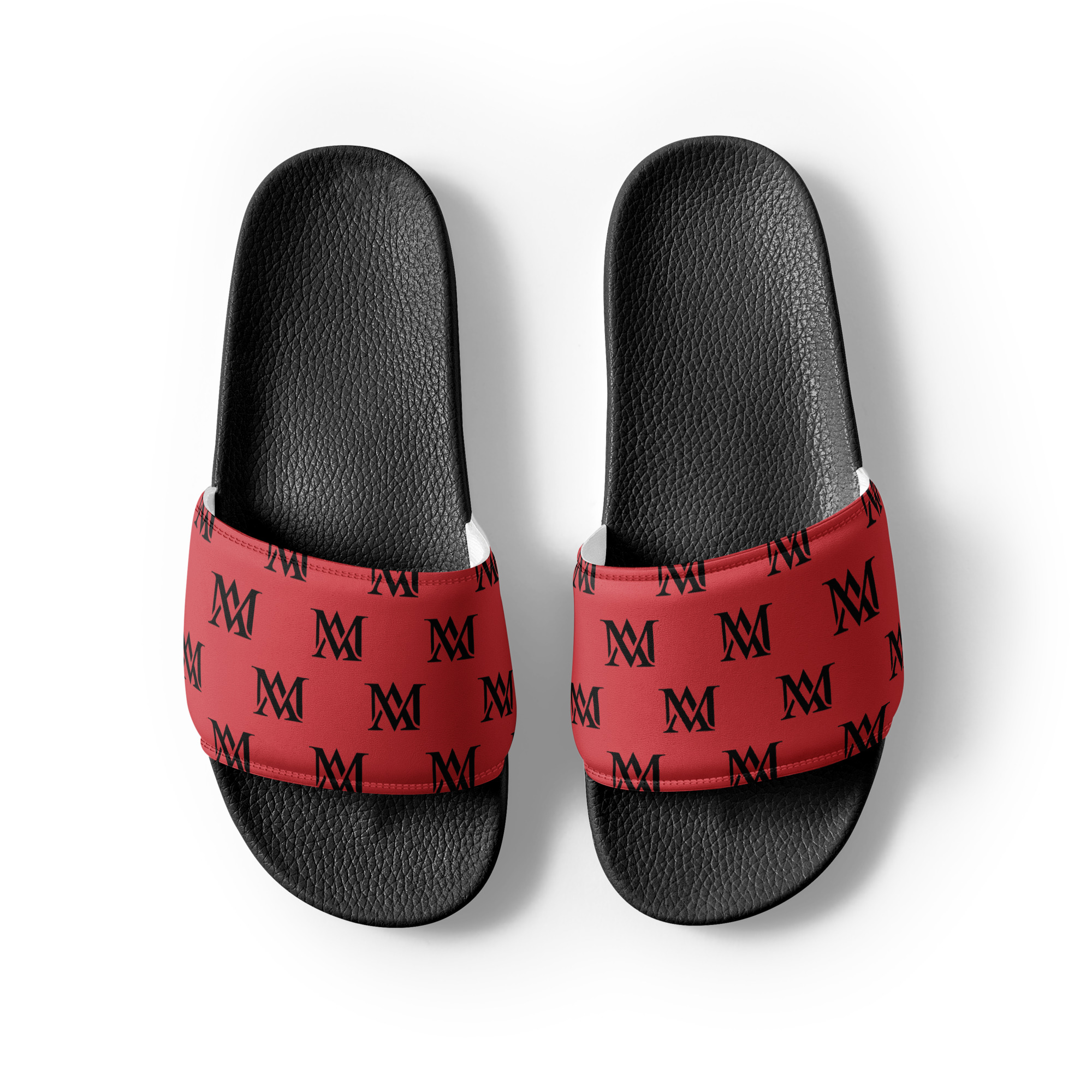 Top view red monogram slides with black footbed