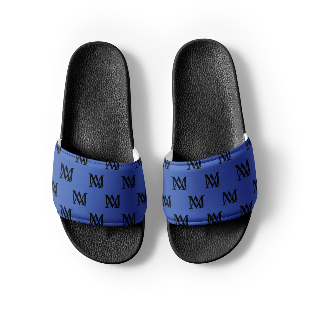 Pair of black slides with blue monogram straps