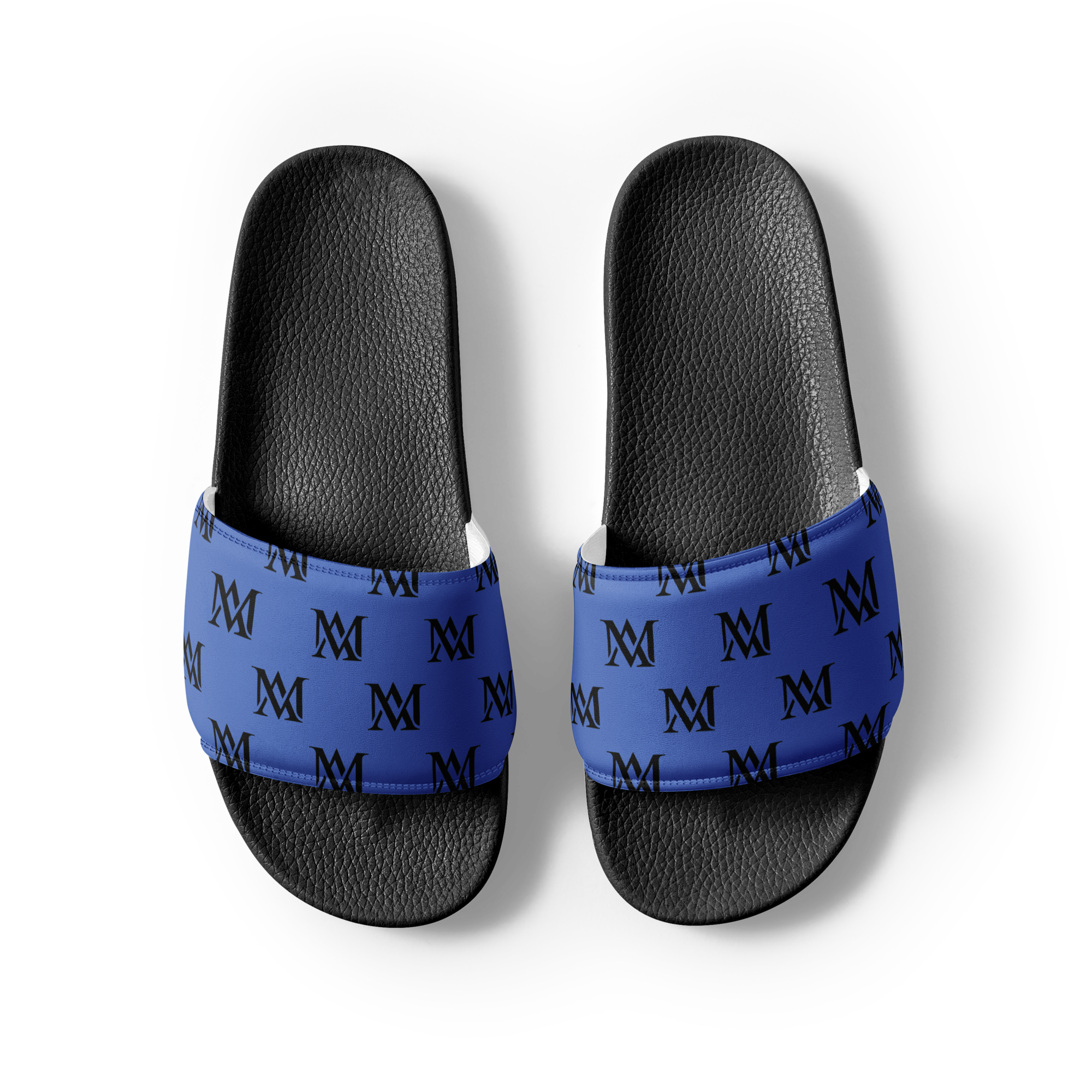 Pair of black slides with blue monogram straps