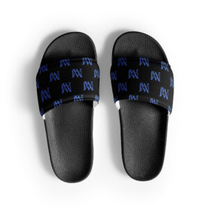 Black slide sandals with blue monogram pattern