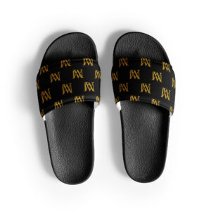 Black slides with gold monogram pattern