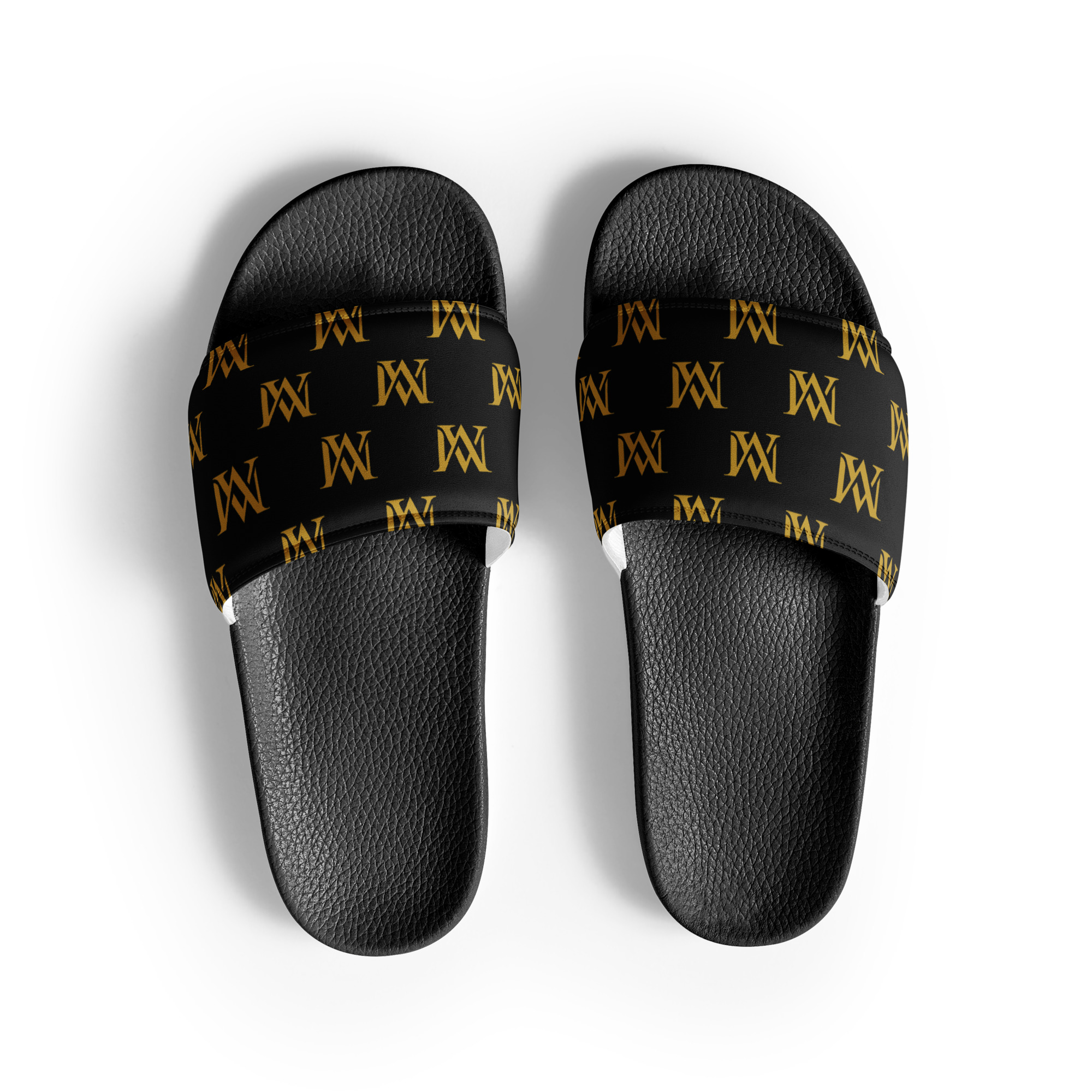 Black slides with gold monogram pattern