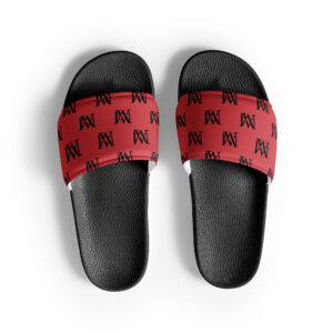 Pair of black slides with red patterned straps