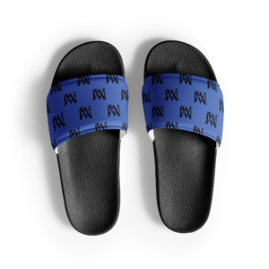 Black slides with blue monogrammed straps