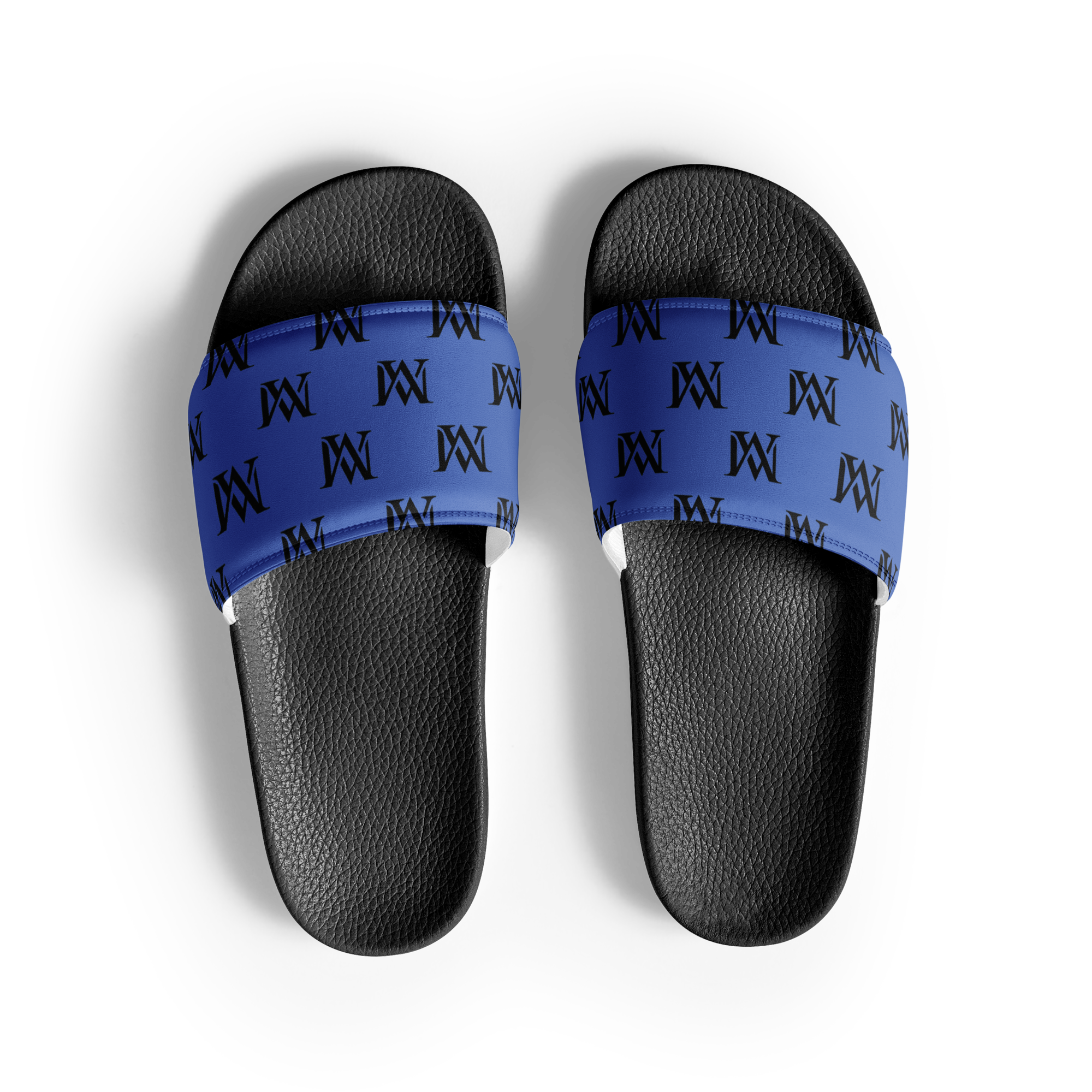 Black slides with blue monogrammed straps