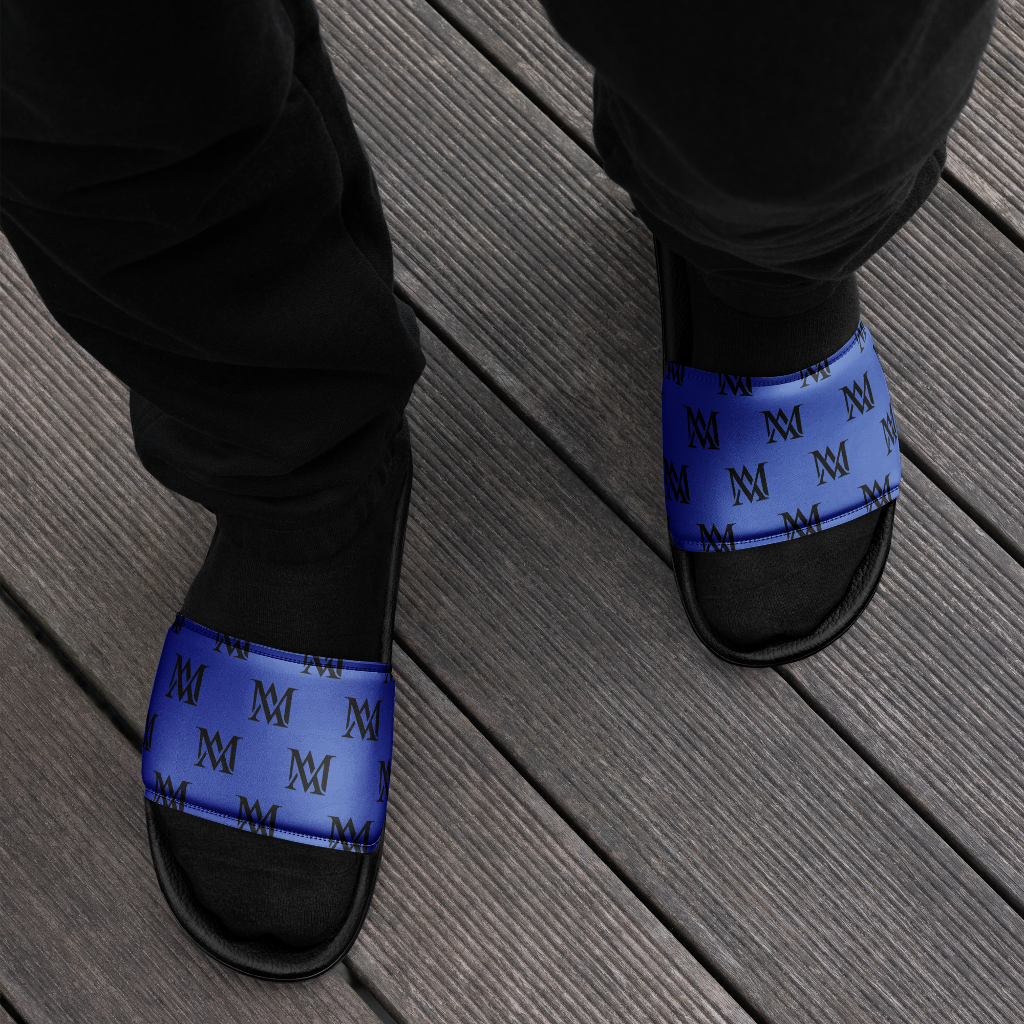 Black socks with blue monogram slide sandals