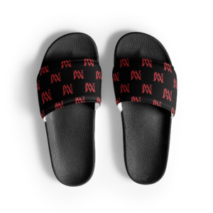 Black slides with red monogram pattern