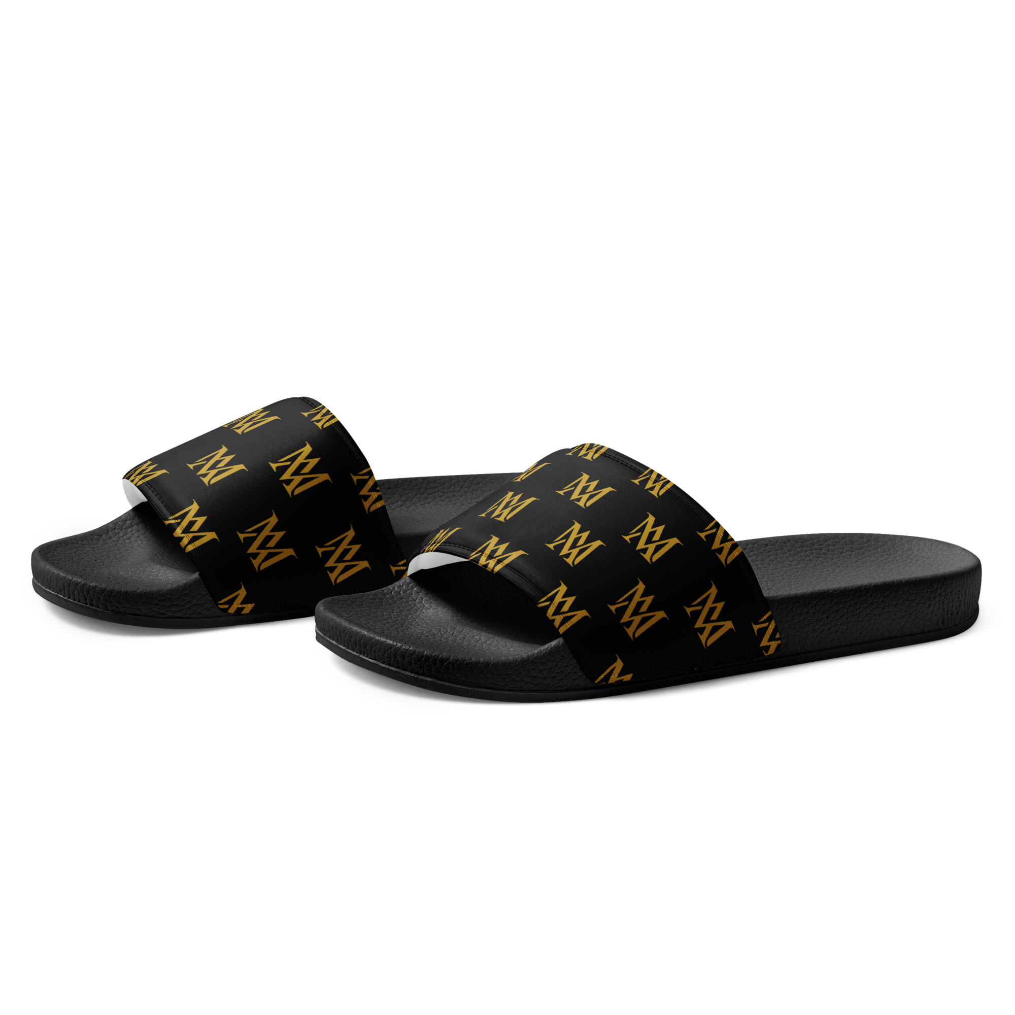 Black slide sandals with gold monogram