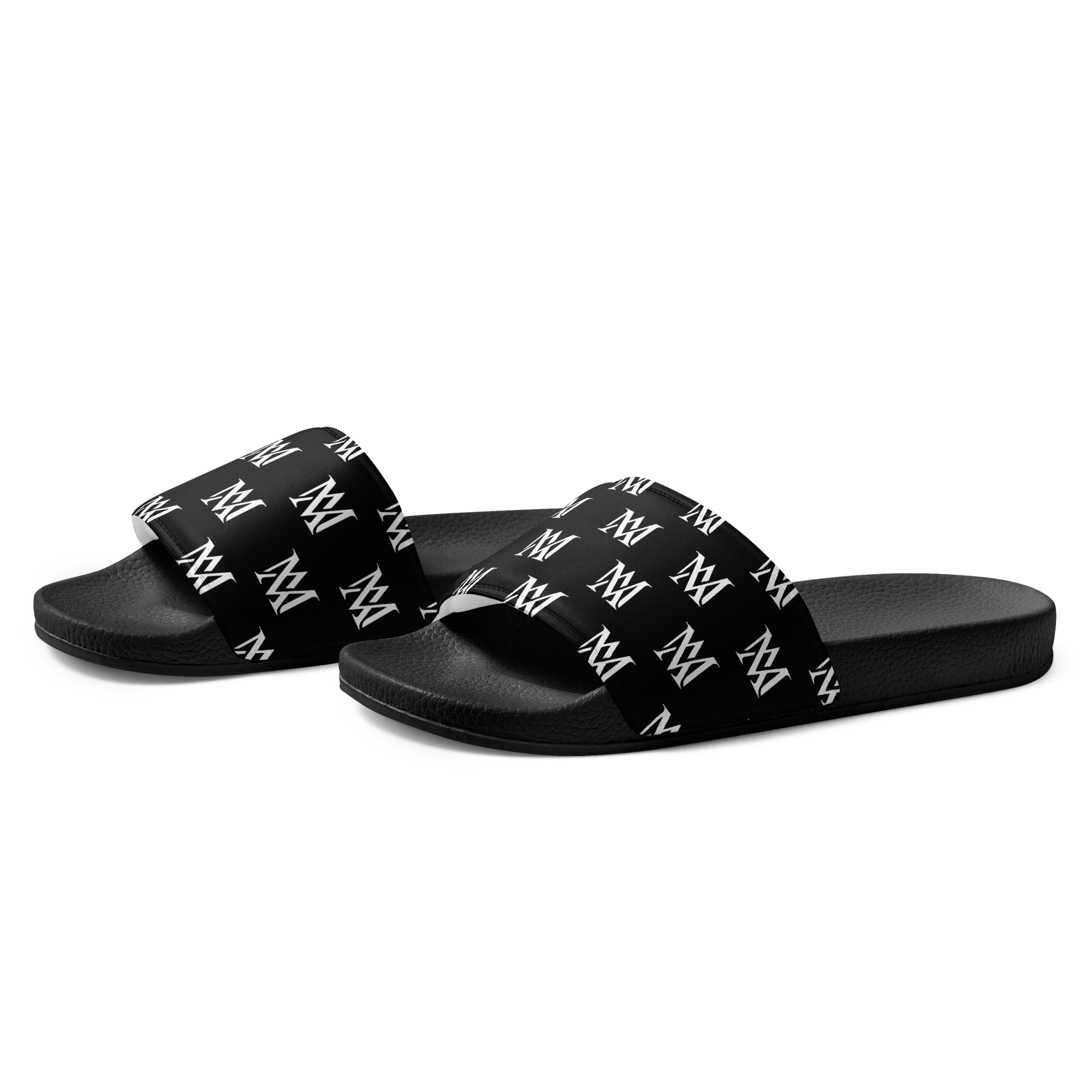 Black slide sandals with white logo pattern