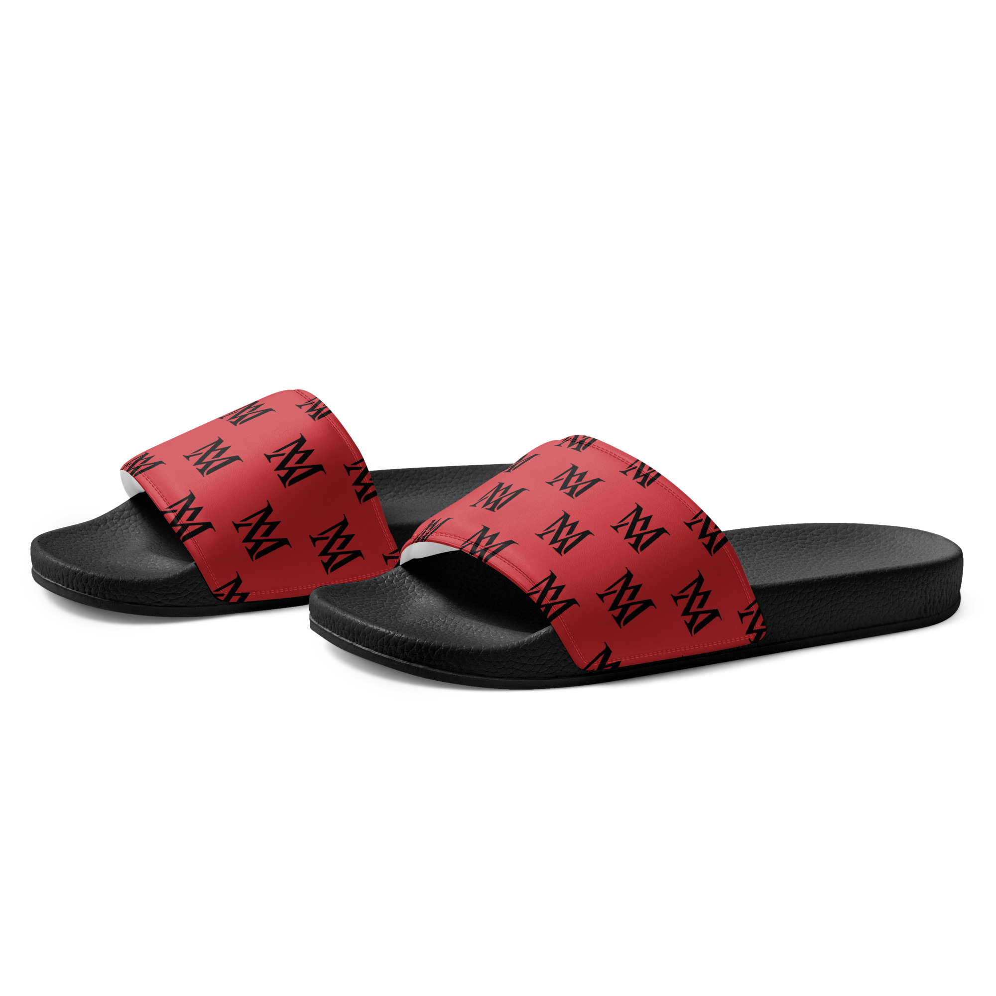 Pair of red and black slide sandals