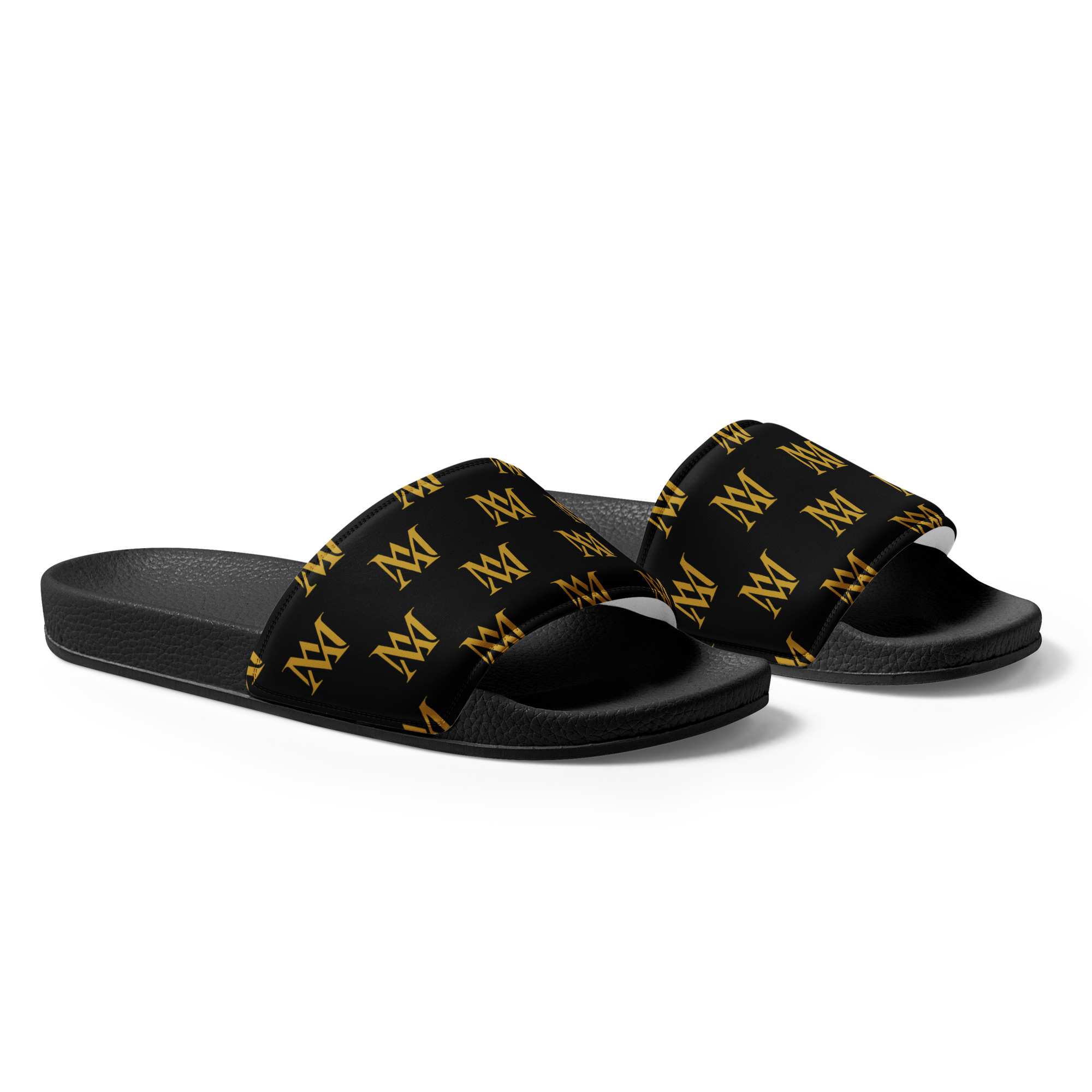 Black slide sandals with gold crown pattern