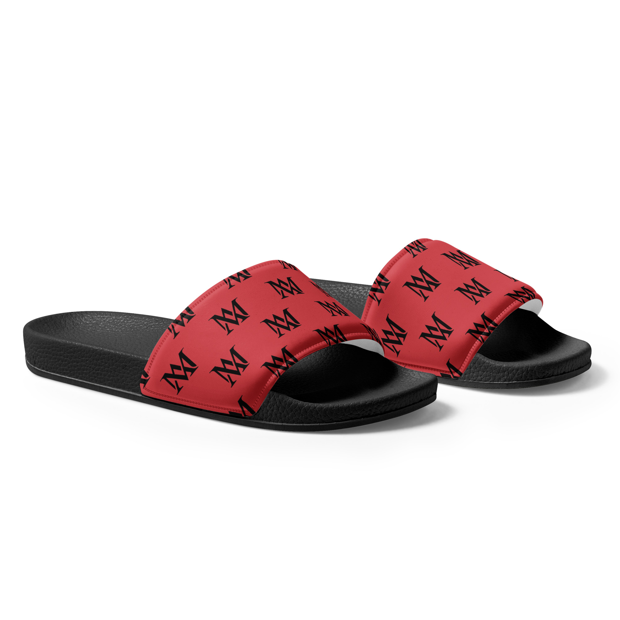 Red and black monogram slide sandals