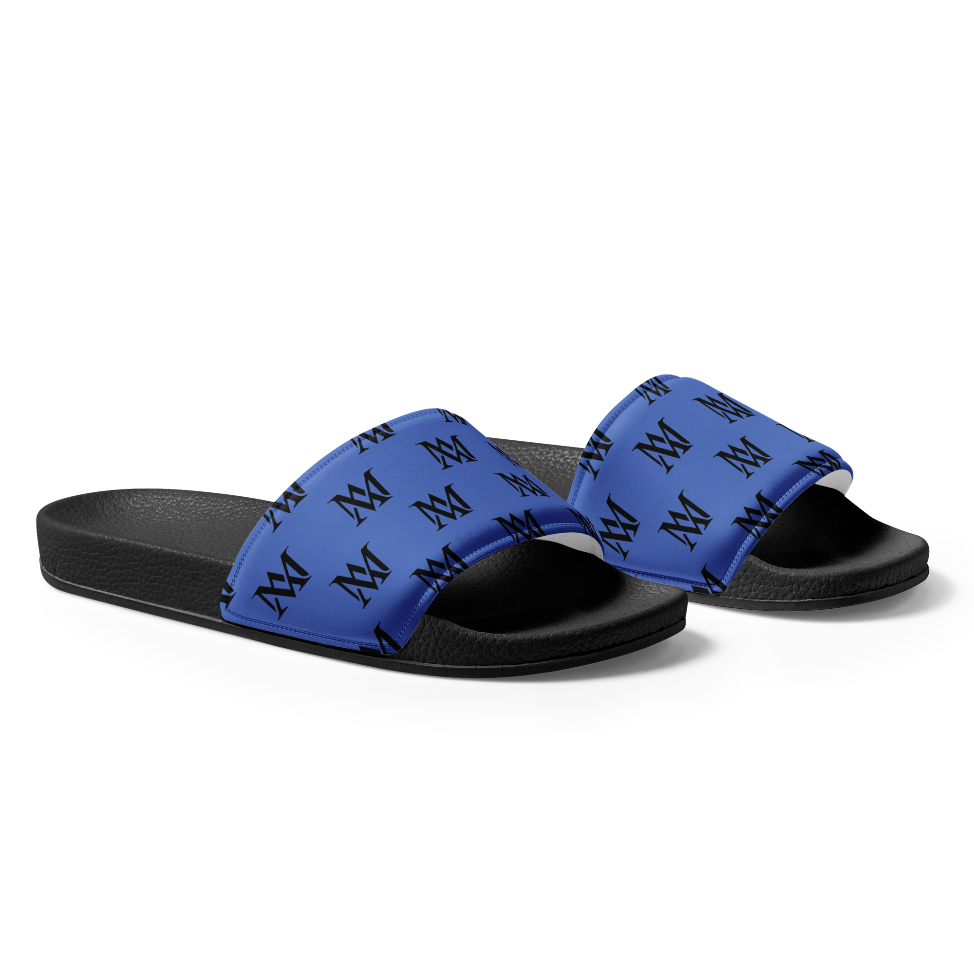 Blue monogram slide sandals on black background