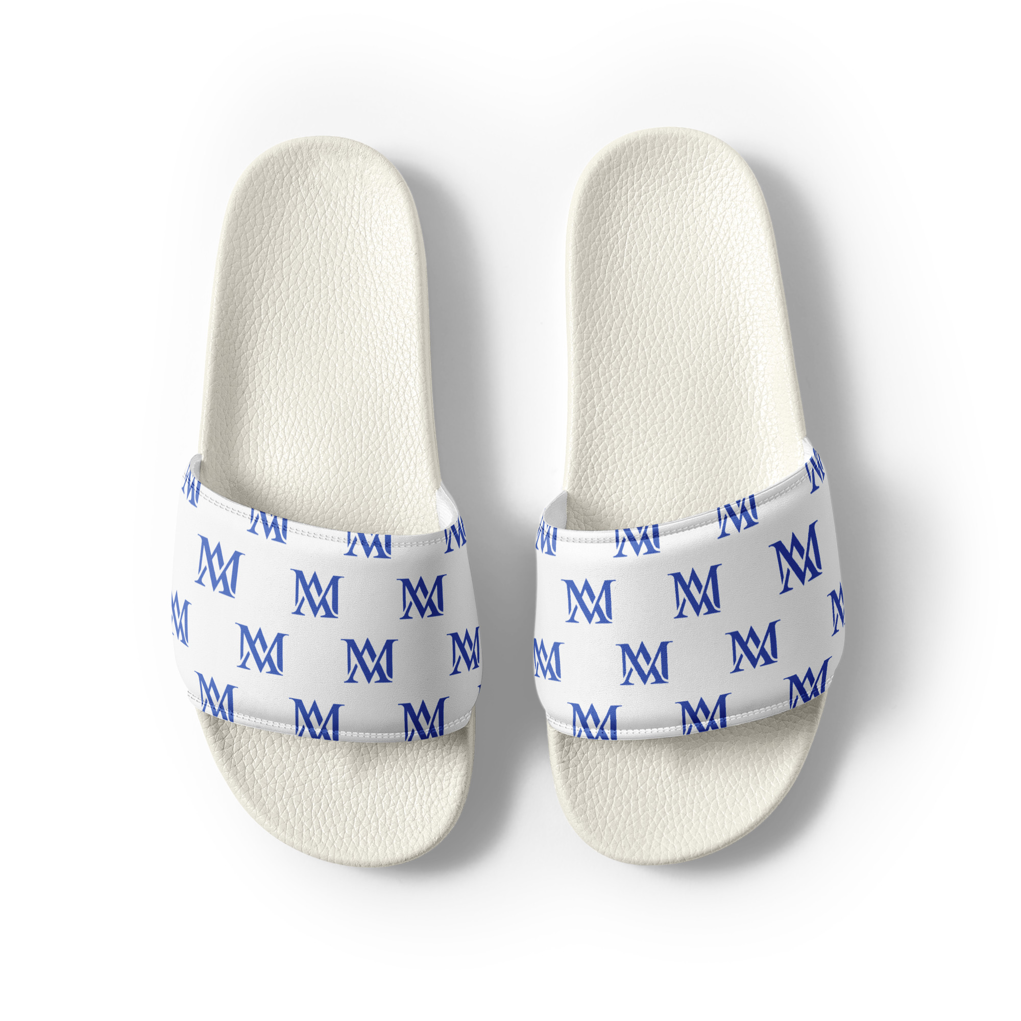 White slides with blue M monogram