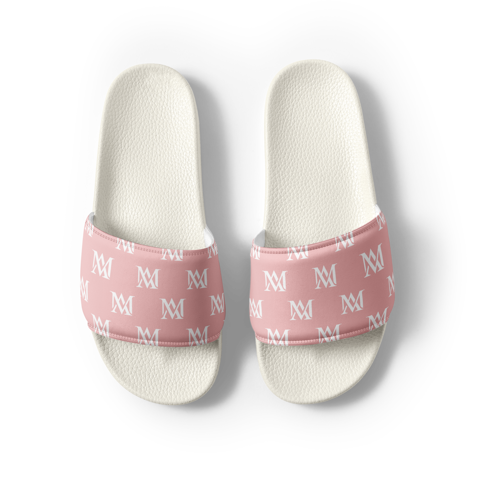 White slides with pink monogrammed straps