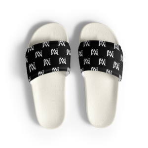 White slide sandals with black monogram straps