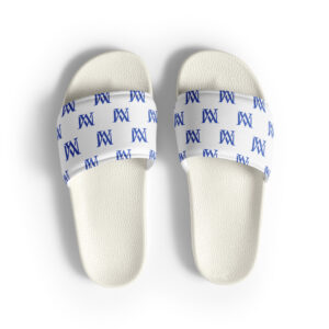 White slides with blue monogram pattern