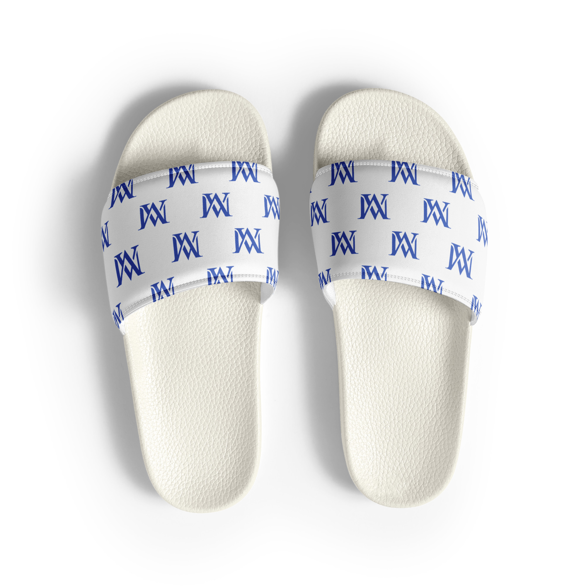 White slides with blue monogram pattern