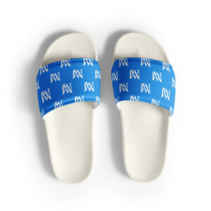 Pair of white slides with blue logo straps