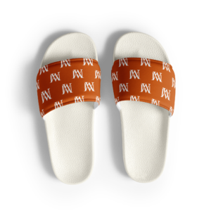 White slides with orange monogram strap