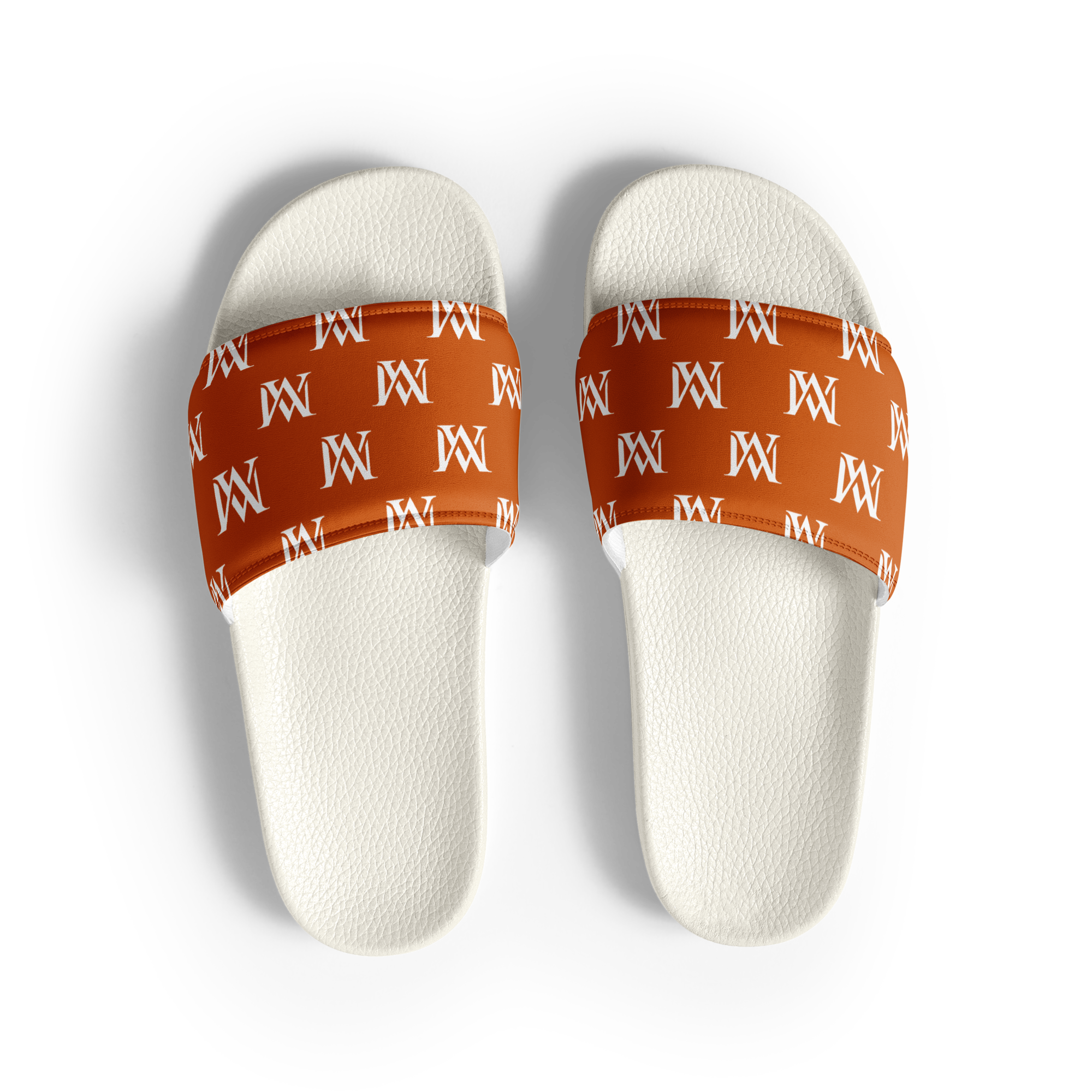 White slides with orange monogram strap