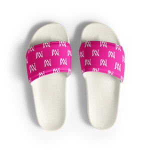 White slide sandals with pink monogram straps