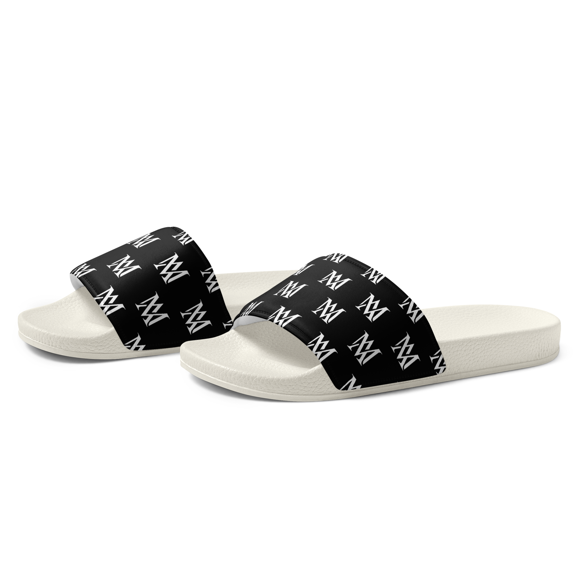 White slides with black patterned logo straps